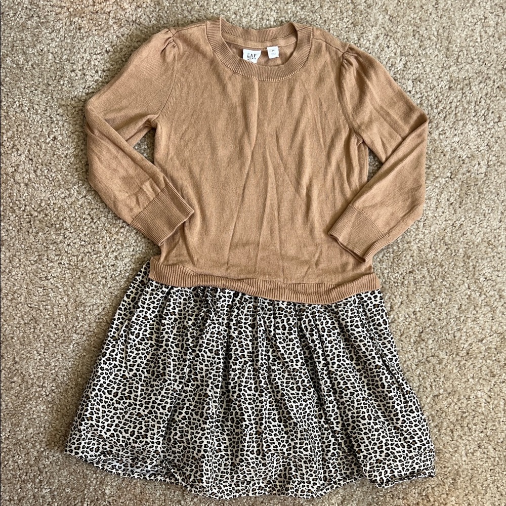 GAP Kids Dress: tan sweater top attached to leopard print skirt